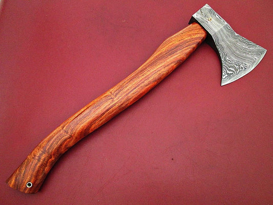 Custom Handmade Damascus Axe with Wood Handle and Leather Sheath
