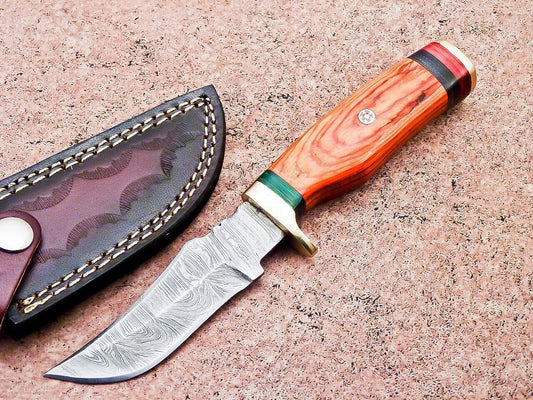 Custom Handmade Damascus Blade Camping Hunting Skinner Knife w/ Leather Sheath