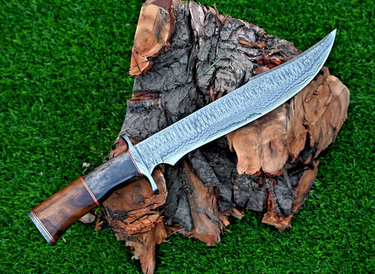 Custom Handmade Damascus Bowie Hunting Knife – 15" Survival Tracker with Wood & Camel Bone Handle