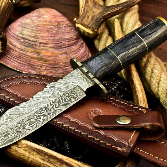 Custom Handmade Damascus Bowie Hunting Knife – Hard Wood Handle, 10.5"