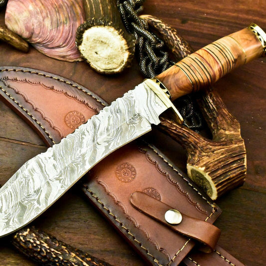 Custom Handmade Damascus Bowie Hunting Knife | Stacked Leather Handle