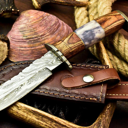 Custom Handmade Damascus Bowie Hunting Knife – Stained Camel Bone & Hard Wood Handle, 11"