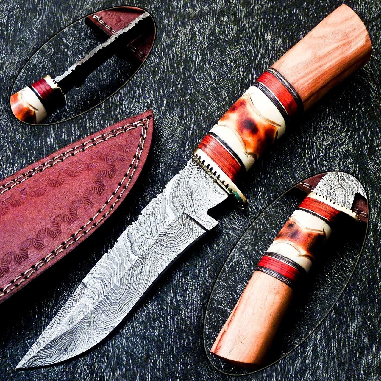 Custom Handmade Damascus Bowie Knife Damascus Steel Knife With Bone Handle & Sheath