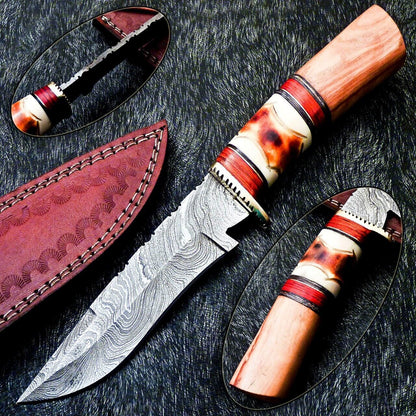 Custom Handmade Damascus Bowie Knife Damascus Steel Knife With Bone Handle & Sheath