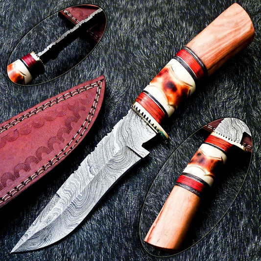 Custom Handmade Damascus Bowie Knife Damascus Steel Knife With Bone Handle & Sheath