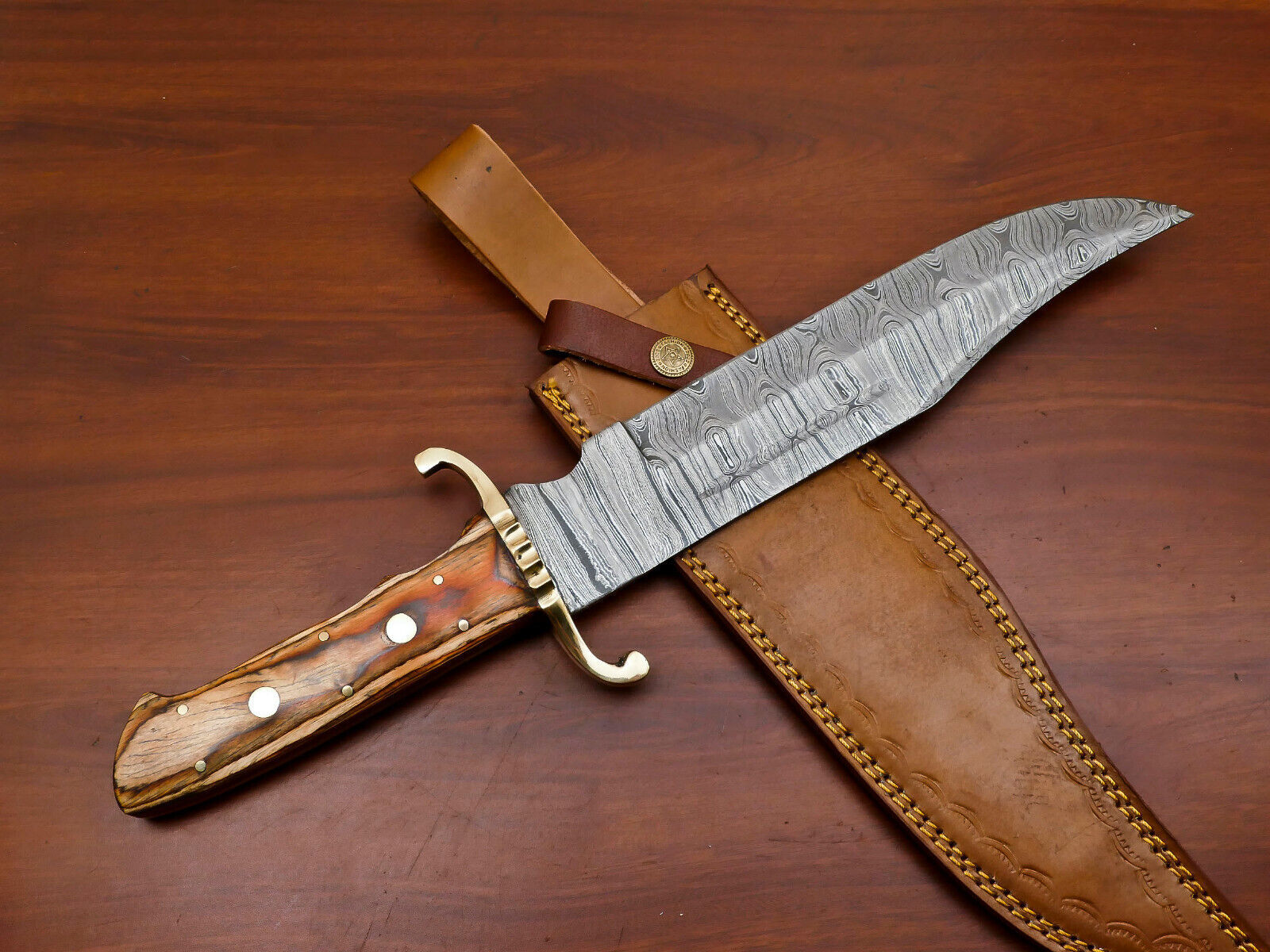 Custom Handmade Damascus Bowie Knife Damascus Steel Knife With Wood Handle & Sheath