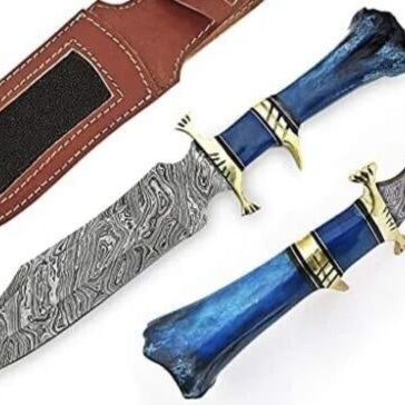 Custom Handmade Damascus Bowie Knife with Camel Bone Handle for Hunting and Camping