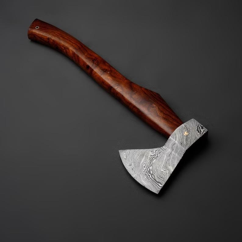 Custom Handmade Damascus Camping Axe with Rosewood Handle and Leather Sheath