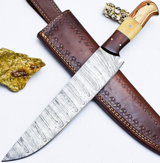 Custom Handmade Damascus Chef & Hunting Knife – 9" Blade with Bone & Wood Handle + Leather Sheath