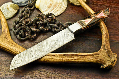 Custom Handmade Damascus Chef Hunting Knife with Engraved Burn-Stained Camel Bone Handle, 384-Layer Forged Blade, Full Tang, Acid-Etched Damascus, Precision Sharpened