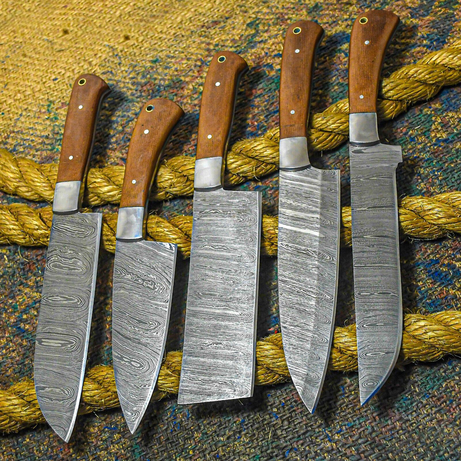 Custom Handmade Damascus Chef Knife Set | Burl Wood Handle