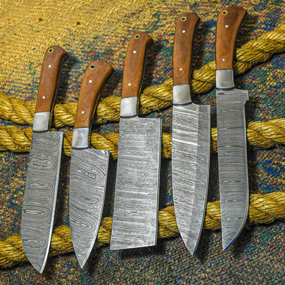 Custom Handmade Damascus Chef Knife Set | Burl Wood Handle