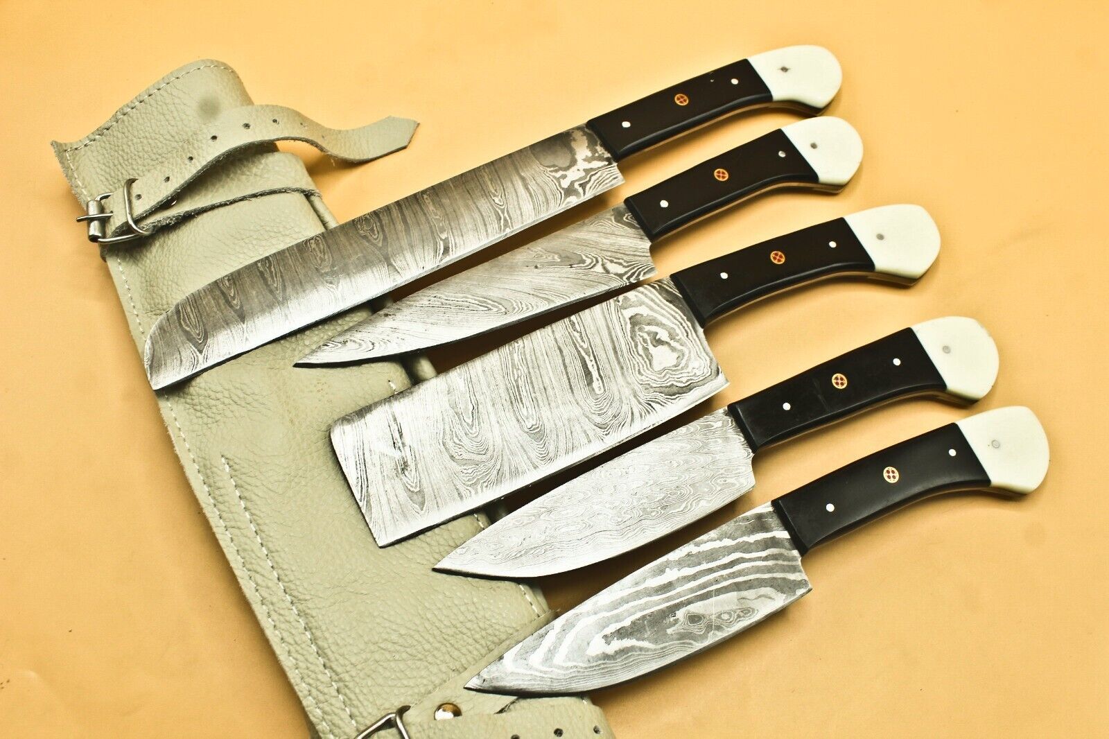 Custom Handmade Damascus Chef Set of 5 Chef Knife Kitchen With Leather Sheath