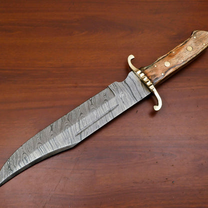 Custom Handmade Damascus Clip Point Bowie Hunting Knife – Brass Guard