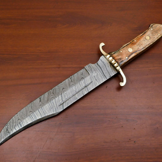 Custom Handmade Damascus Clip Point Bowie Hunting Knife – Brass Guard