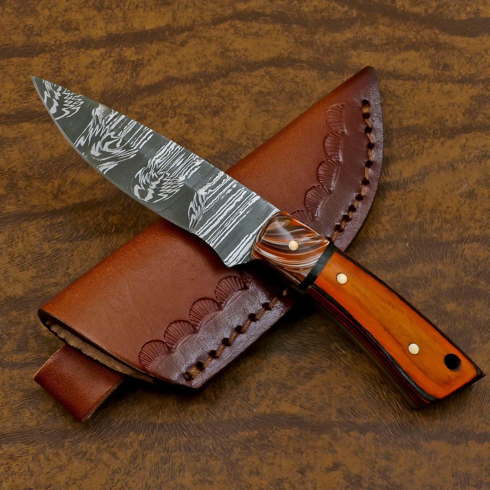 Custom Handmade Damascus EDC Hunting Knife with Resin and Wood Handle – Fixed Blade Skinner