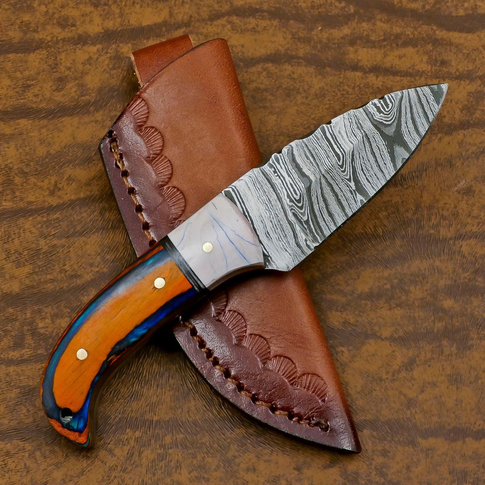 Custom Handmade Damascus EDC Skinner Knife with Resin Wood Handle – Compact Fixed Blade for Hunting