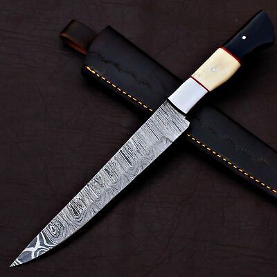Custom Handmade Damascus Fillet Knife 12" Fillet Knife with Leather Sheath