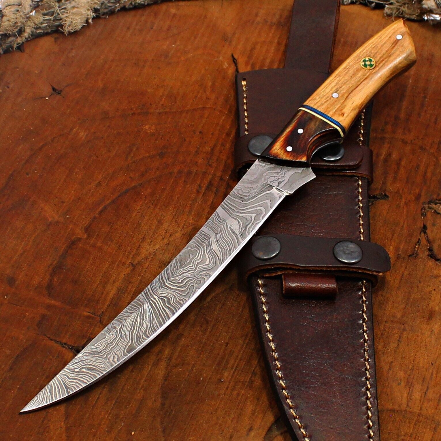 Custom Handmade Damascus Fillet Knife Damascus Steel Fillet Knife With Leather Sheath