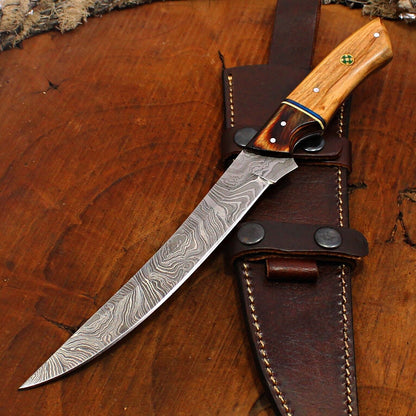 Custom Handmade Damascus Fillet Knife Damascus Steel Fillet Knife With Leather Sheath