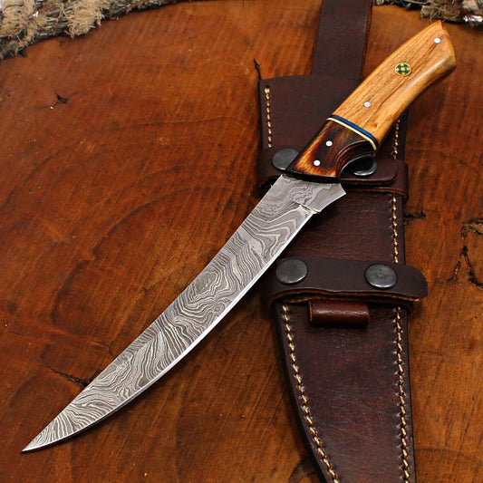 Custom Handmade Damascus Fillet Knife Damascus Steel Fillet Knife With Leather Sheath