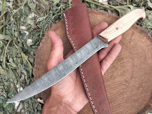 Custom Handmade Damascus Fillet Knife Damascus Steel Knife W/Leather Sheath