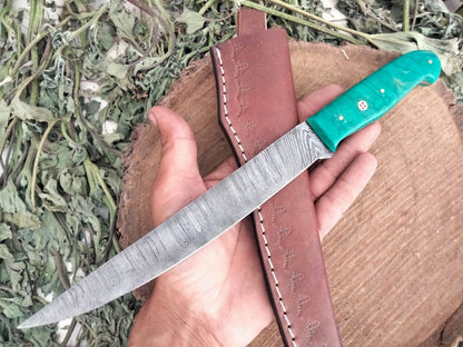 Custom Handmade Damascus Fillet Knife Wood Handle Fillet Knife W/Leather Sheath