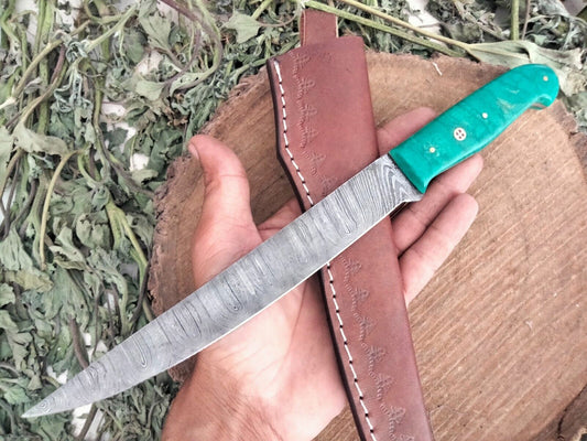 Custom Handmade Damascus Fillet Knife Wood Handle Fillet Knife W/Leather Sheath