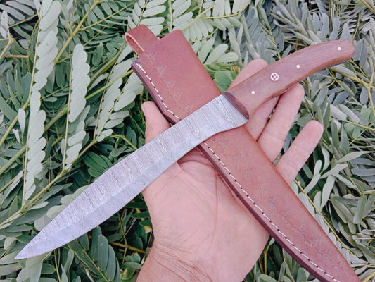 Custom Handmade Damascus Fillet Knife Wood Handle W/Leather Sheath