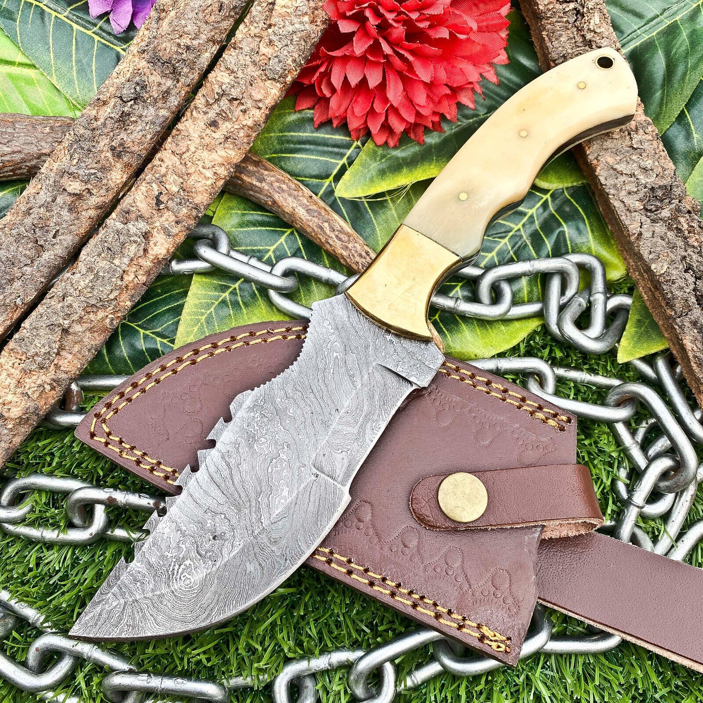 Custom Handmade Damascus Full Tang Hunting Tracker Knife with Leather Sheath – Camel Bone Handle EDC
