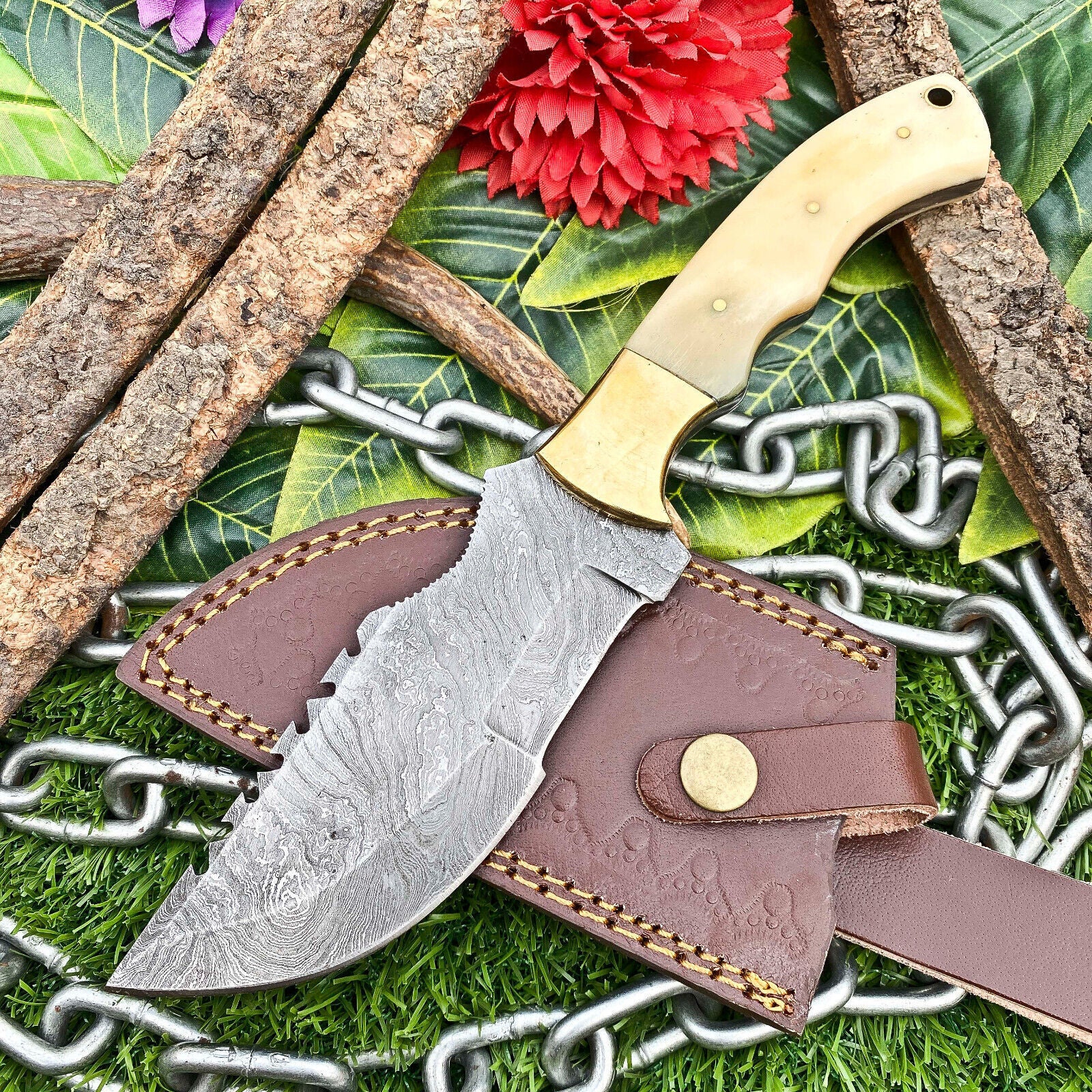 Custom Handmade Damascus Full Tang Hunting Tracker Knife with Leather Sheath – Camel Bone Handle EDC