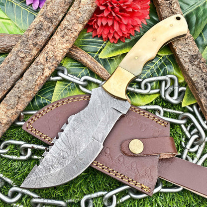 Custom Handmade Damascus Full Tang Hunting Tracker Knife with Leather Sheath – Camel Bone Handle EDC