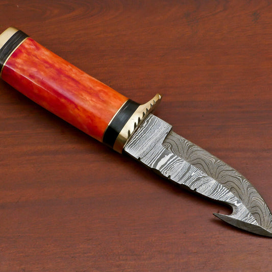 Custom Handmade Damascus Gut Hook Hunting Knife with Stained Bone and Pakka Wood Handle