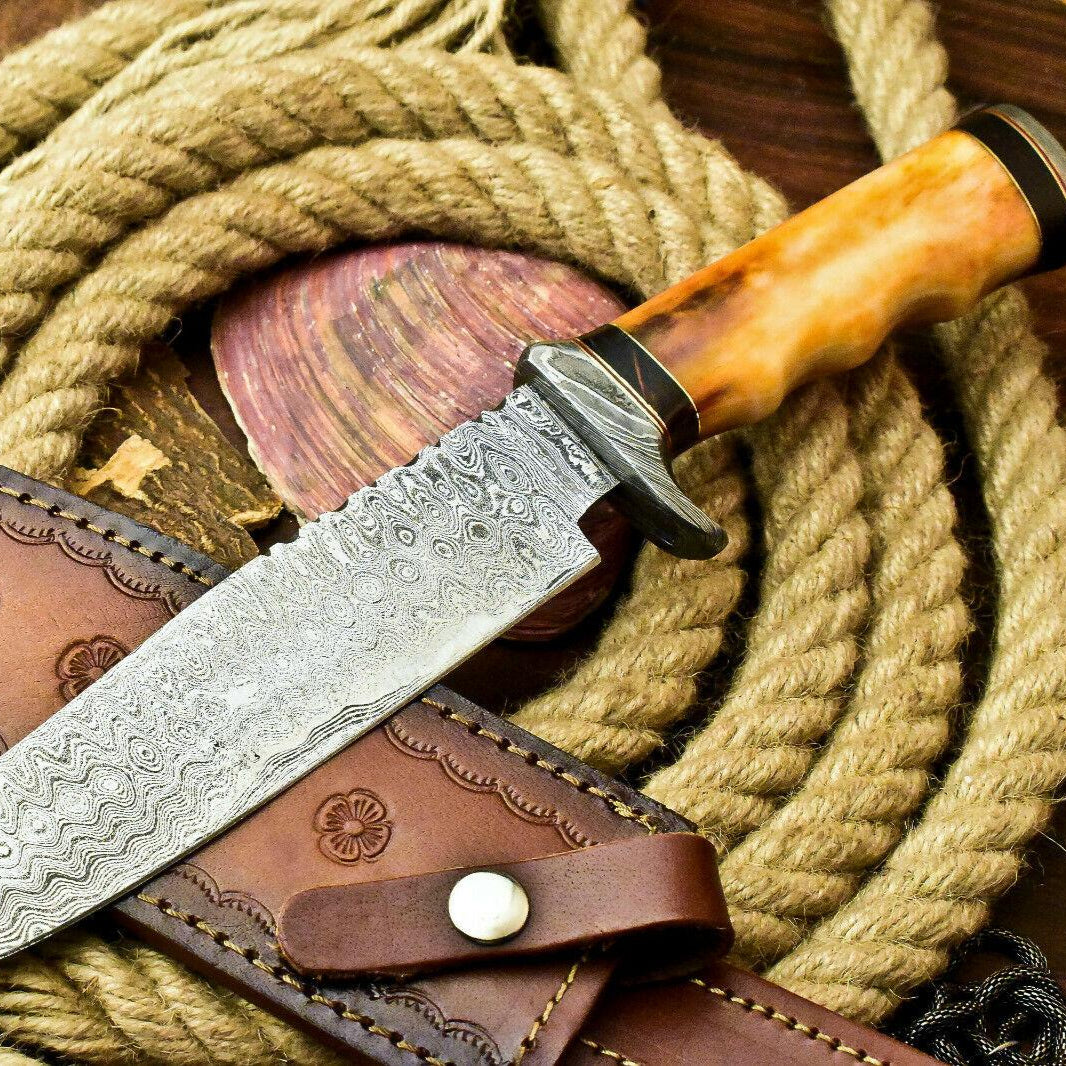 Custom Handmade Damascus Hunting Bowie Knife | Camel Bone Handle, 13" Overall