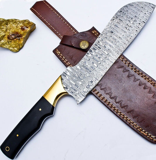 Custom Handmade Damascus Hunting/Chef Knife – 5.8" Blade with Micarta Handle, Brass Pins & Leather Sheath