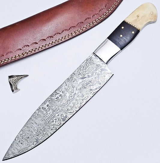Custom Handmade Damascus Hunting & Chef Knife – 8.5" Blade with Bone & Hardwood Handle + Leather Sheath