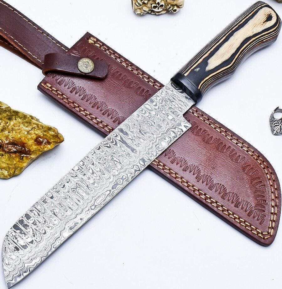 Custom Handmade Damascus Hunting/Chef Knife – 9.2" Knife with Hard Pakka Wood Handle & Leather Sheath