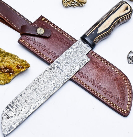 Custom Handmade Damascus Hunting/Chef Knife – 9.2" Knife with Hard Pakka Wood Handle & Leather Sheath