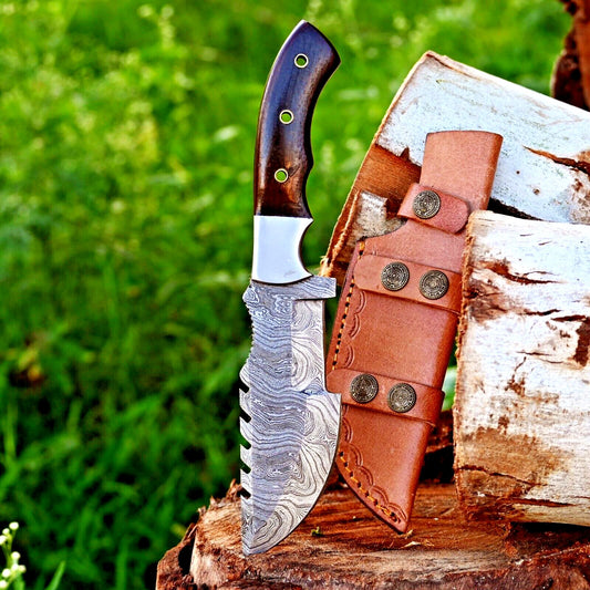 Custom Handmade Damascus Hunting Tracker Knife – Hand Forged Fixed Blade with Micarta Handle & Leather Sheath