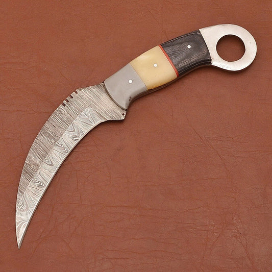 Custom Handmade Damascus Karambit Damascus Steel Karambit Knife with Wood & Bone Handle