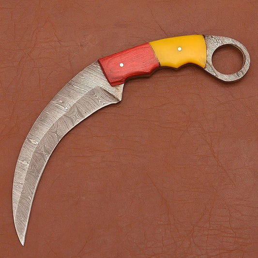 Custom Handmade Damascus Karambit  Damascus Steel Karambit Knife with Wood & Resin Handle 