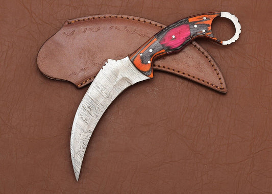 Custom Handmade Damascus Karambit Knife 9"Karambit Damascus Steel with Wood Handle
