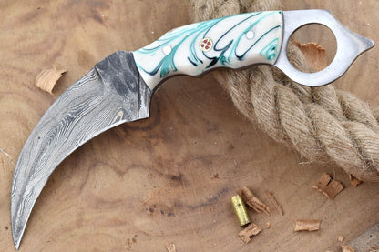 Custom Handmade Damascus Karambit Knife Hunting Karambit with Resin Handle