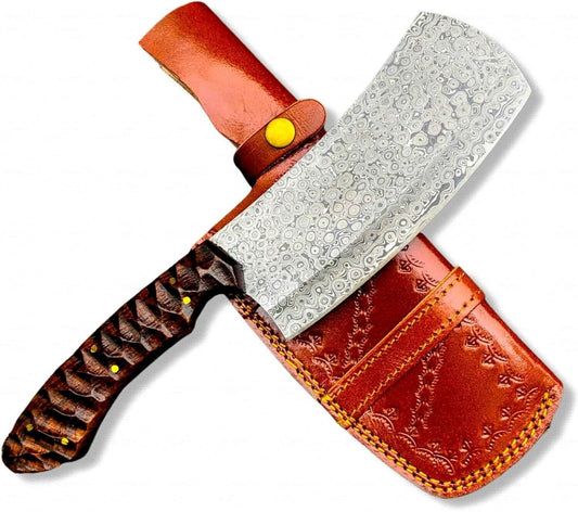 Custom Handmade Damascus Meat Cleaver – 12" Chef Butcher Knife with 7" Raindrop Blade, Wooden Handle & Leather Sheath