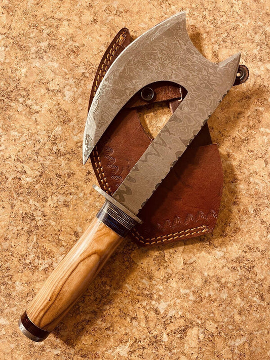 Custom Handmade Damascus Olive Wood Hunting Clever Chopper Axe Knife – 12 Inch