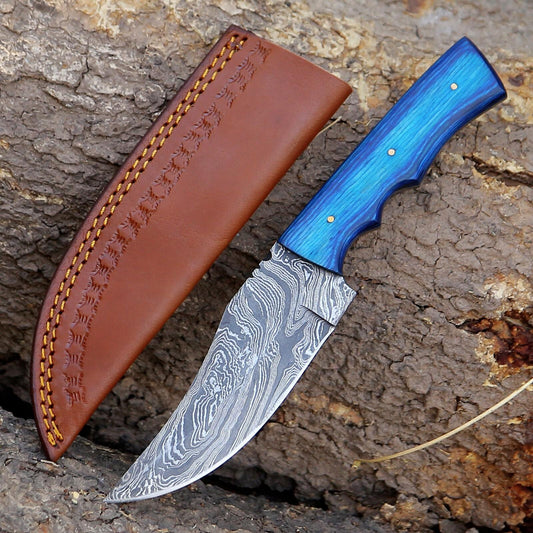Custom Handmade Damascus Skinner Hunting Knife with Blue Wood Handle and Leather Sheath