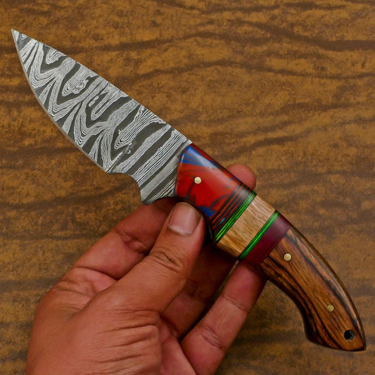 Custom Handmade Damascus Skinner Hunting Knife with Resin and Wood Handle – Fixed Blade EDC Knife