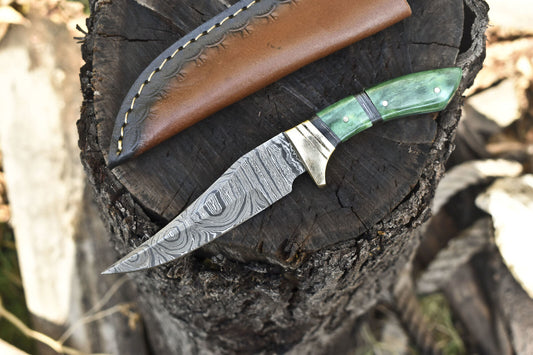 Custom Handmade Damascus Skinner Knife 8.5 Inch with Bone Handle and Brass Guard W/ Leather Sheath – Limited Edition