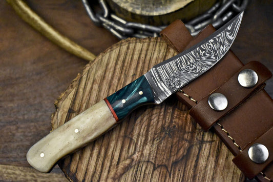 Custom Handmade Damascus Skinner Knife with Bone Handle and Micarta Bolster – Twist Pattern EDC