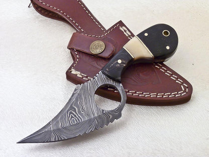 Custom Handmade Damascus Skinner Knife with Bull Horn and Camel Bone Handle